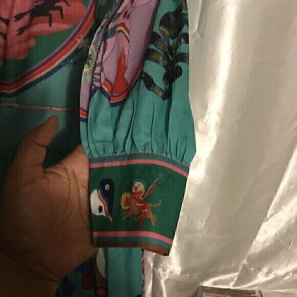 Green Colorful Art Long Balloon Sleeve Collar Button Down Midi Shirt Dress XL - Picture 10 of 16